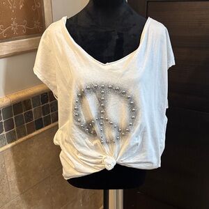 POL White Embellished Peace Sign Tee